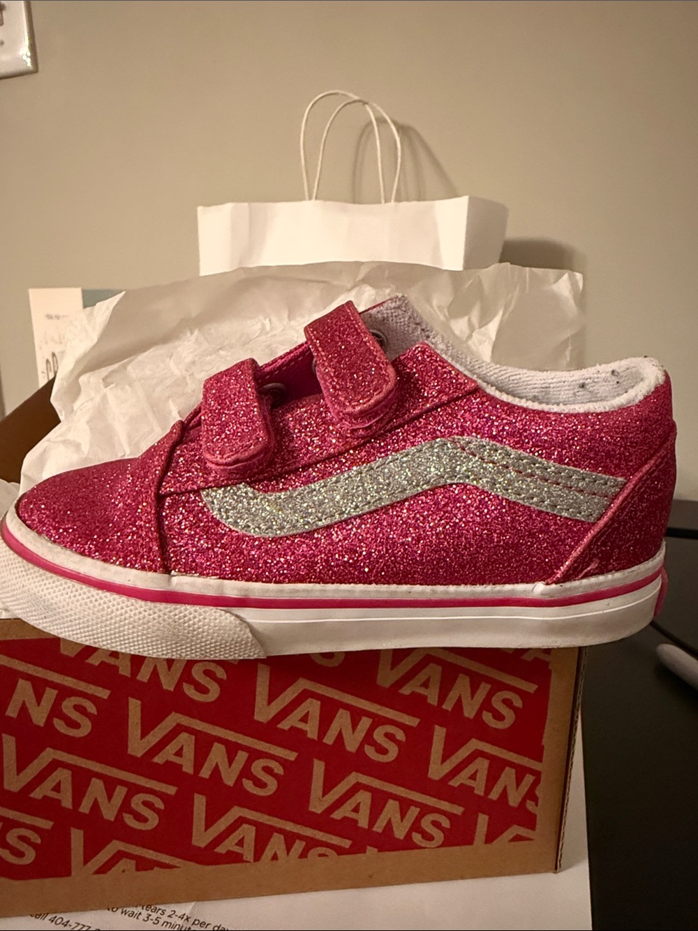 Vans Glitter Velcro Sneaker - Hot Pink with Silver Stripe - Girls Size Toddler 8
